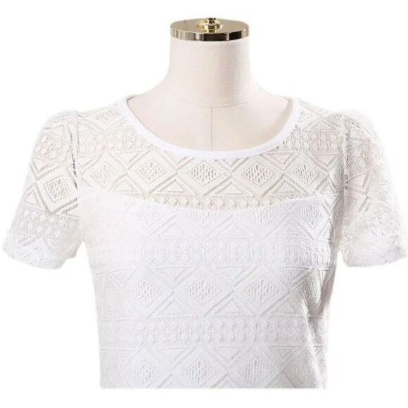 Tops - Chiffon & Lace Short Sleeve Blouse White Size M